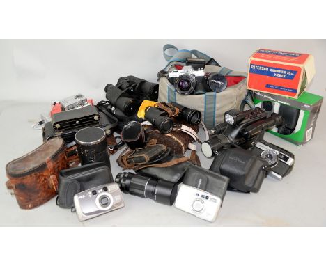 Box of assorted cameras and binoculars including Kodak, Olympus Trip 35, Pentax, Minolta X - 300.Being sold on behalf of Cyst