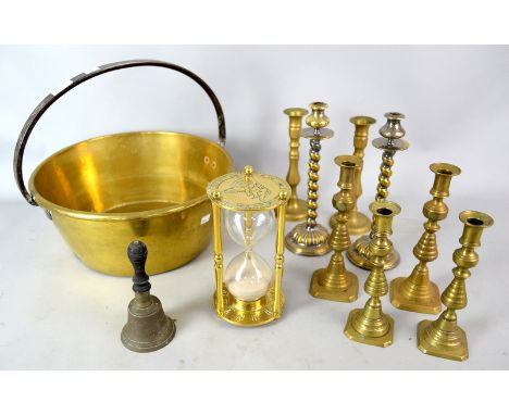 Brassware including a cauldron, bell, candlesticks, large sand timer,Being sold on behalf of Cystic Fibrosis &amp; GUTS Fight