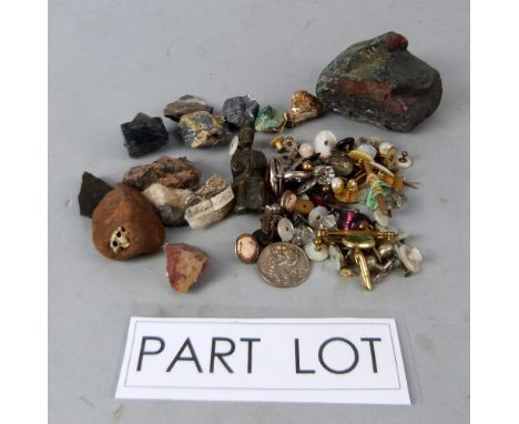 Labelled geological examples, silver jewellery, including amber ring, size O, silver cameo clip on earrings, silver St. Chris