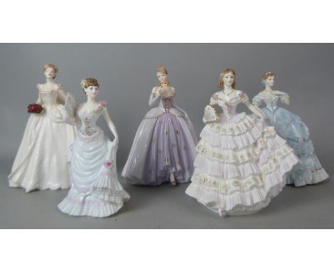 Two limited edition Royal Worcester figures entitled 'The First Quadrille' and 'Belle of the Ball' and three Coalport figures