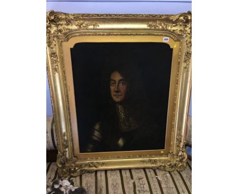 19th century, unsigned, oil on canvas, 'Portrait of a Cavalier', 76 x 63cm, (in ornate gilt frame), labels to verso 'Harrods 