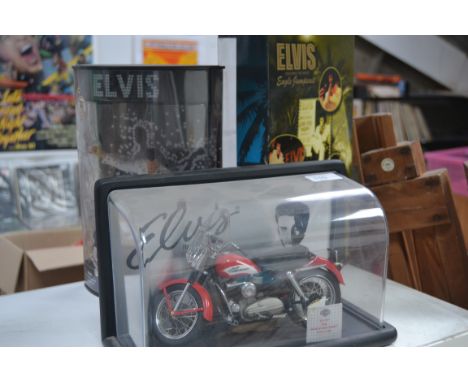 Elvis Presley. A superb collection of 3 separate figures.  Boxed and glazed 1956 model KH Harley Davidson motorbike-really we