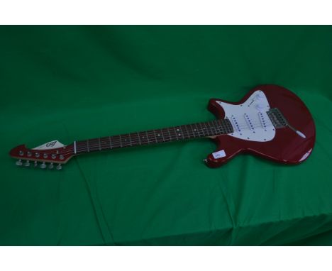 A large jet - gibson style red electric guitar with mother of pearl inlays together with 2x tone cutaway headstock