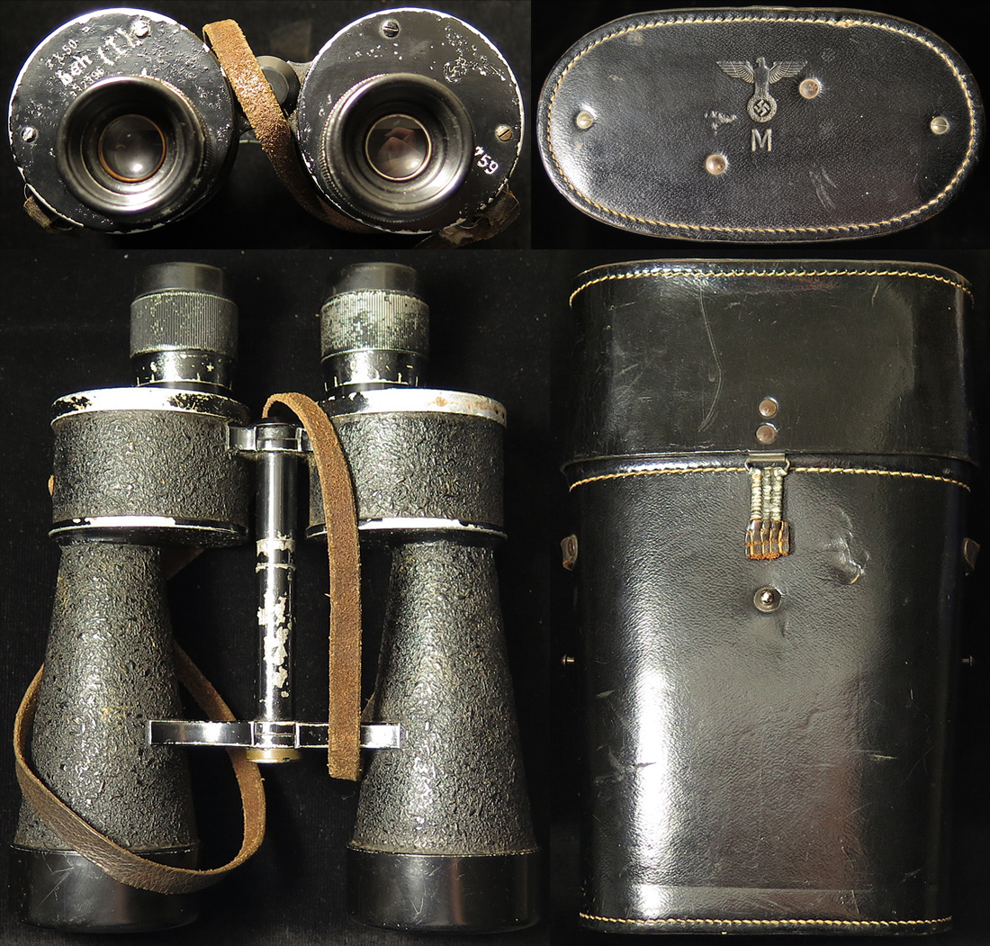 German Naval Binoculars with original black leather case. Binoculars