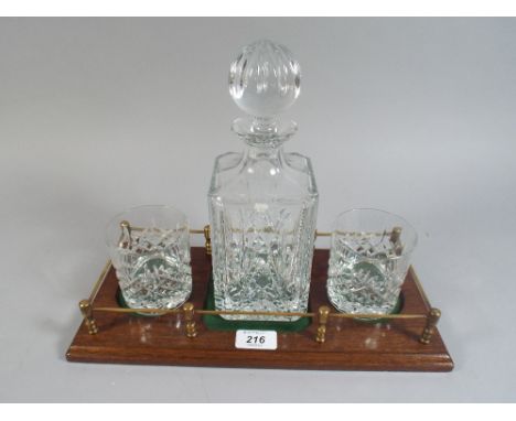 A Spirit Decanter and Two Edinburgh Crystal Whiskey Glasses on Mahogany Tray with Brass Gallery