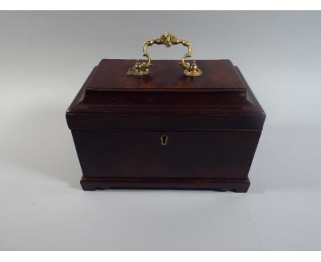 A Georgian Mahogany Three Division Tea Caddy with Gilt Brass Carrying Handle. 25x15x16cm High
