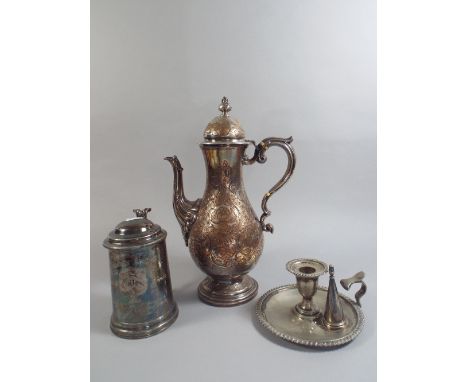 A Collection of Silver Plated Items to include Elkington Bed Chamber Stick and Snuffer with Heraldic Lion Engraving, Tankard 