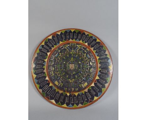 A Mexican Terracotta Plaque Painted in Multi Coloured Enamels. Centre Medallion with Sugar Skull and Surrounded by Zodiac Cre