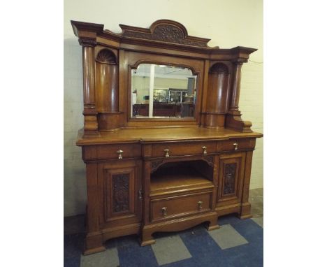 An Inlaid Mahogany Art Nouveau Mirror Back Sideboard with Two Centre Drawers over Recess and Flanked by Inlaid Panelled Doors