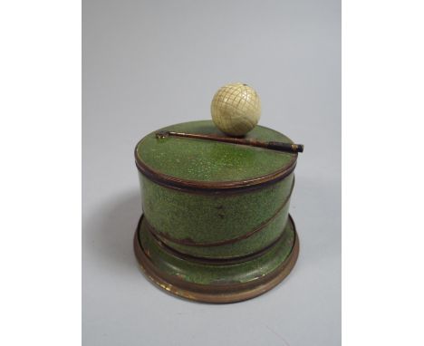 A Novelty Golfing Set of Four Shallow Glass Dishes, Brass Case Decorated with Golf Ball and Club and Green Enamel.