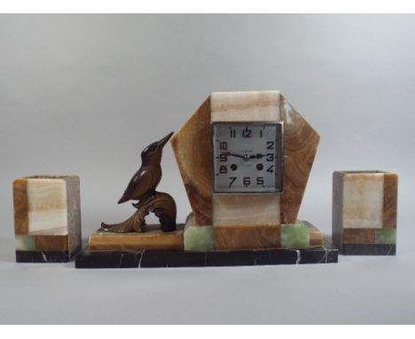 An Art Deco French Clock Garniture with Bronzed Kingfisher Mount and in Multicoloured Marble. 26cm High