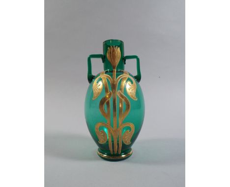 An Art Nouveau Green Glass Vase with Gold Decoration