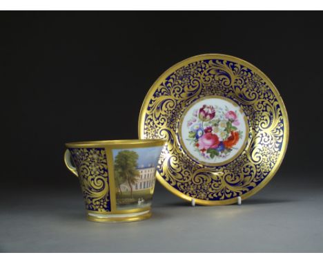 A Chamberlain and Co, Worcester cup and saucer painted with a view of Frogmore House, Berkshire within cobalt and gilt border