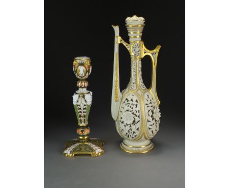 A Wedgwood bone china reticulated candlestick decorated in a Neo-Classical style, together with a Royal Worcester blush ivory