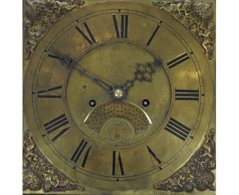 A George III oak eight day longcase clock, the 12 inch square brass dial with ring of Roman numerals and cherub spandrels, th