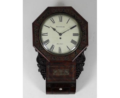 A William IV mahogany brass inlaid drop-dial single fusee wall timepiece the 12 inch convex enamel dial signed 'Greenhalgh, M