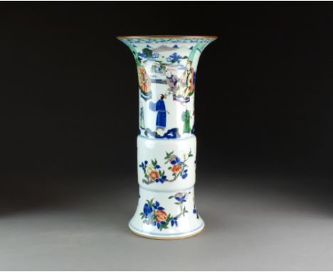 A Chinese transitional style wucai enamelled sleeve vase, Gu, 20th Century, decorated in underglaze blue and bright enamel co