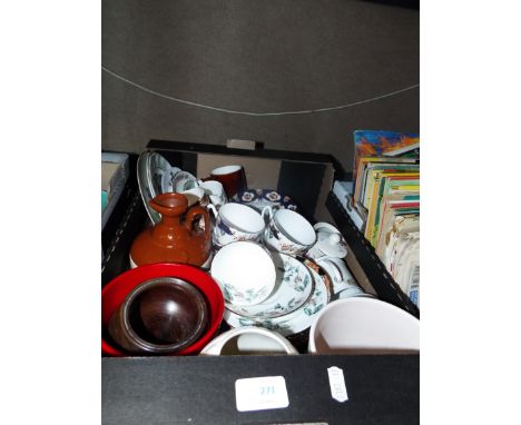 A mixed lot of china and pottery to include commemorative flagon, Poole jardiniere, vases, part tea services, dishes etc