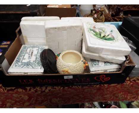 A pair of ceramic Art Co Ltd lidded tureens, a Clarice Cliff 'Celtic Harvest' preserve pot (missing lid), four Bradford Excha