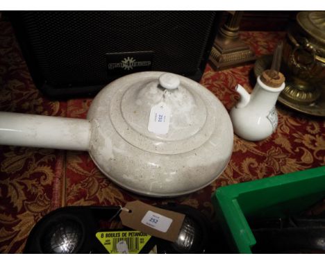 A vintage enamel his and hers bedpan, a Victorian ceramic 'Improved Inhaler' and an invalid feeder cup