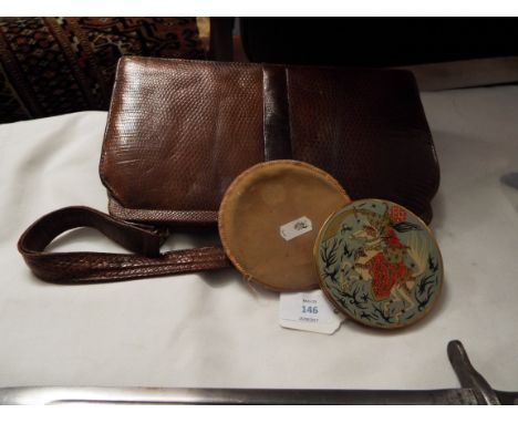 A mid-20thC Mappin & Web lizard skin tanned handbag with brass clasp, together with a Vogue 'Vanities' compact with enamel de