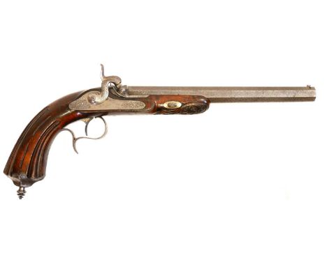 French percussion target pistol French percussion target pistol, 56 bore 10inch rifled octagonal barrel with Damascus effect 