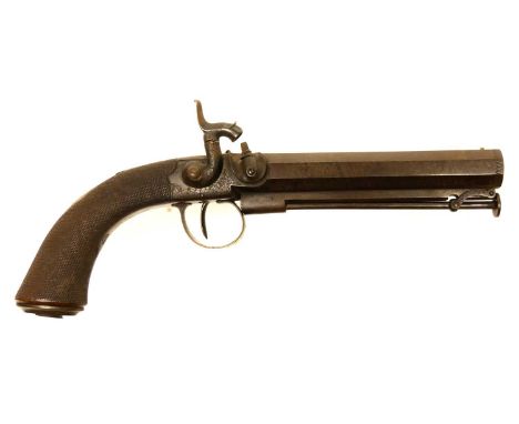 Percussion pistol by Joseph Bourne Percussion 18 bore pistol by Joseph Bourne, 6inch Damascus octagonal barrel engraved with 