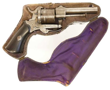Pinfire revolver with case Belgian 7mm pinfire revolver, 3inch sighted barrel, the double action engraved with scrollwork, an
