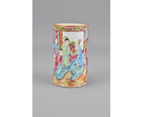 A Chinese Cantonese Ceramic Famille rose Brush Pot With Raised Decoration. Height 10.5 cm
