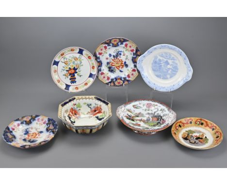 A Group of Seven Victorian Ceramic Plates and Bowls In Different Styles largest bowl diameter 23 cm (7)