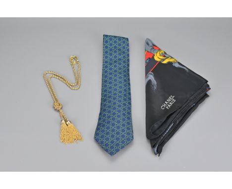 A Chanel Paris 100% Silk Scarf together with an Hermes 100% silk tie and vintage Givenchy gold tone tassel necklace
