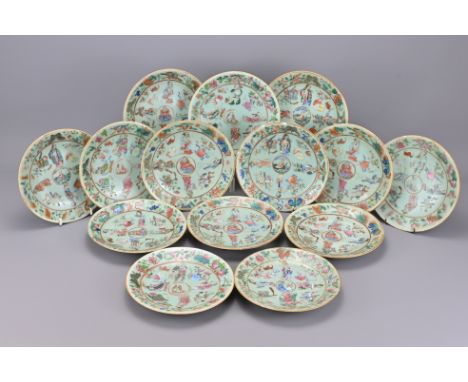A Group Of Fourteen Chinese Cantonese Plates. Diameter 19.5 cm each