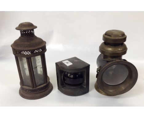 EARLY VICTORIAN CANDLE LAMP WITH LOZENGE MARK FOR 1851 (GLASS AF), G.P.O.  BRASS AND METAL LAMP PLUS ONE OTHER 