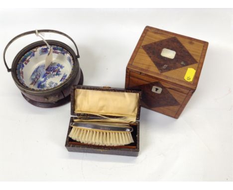 INLAID TEA CADDY, SMALL GENTS GROOMING SET BOXED, A BRUSH AND COMB THE BRUSH WITH SILVER MARK AND ORIENTAL BOWL SET OAK HOLDE