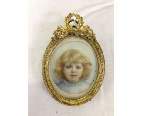 MINIATURE PORTRAIT OF YOUNG GIRL IN BRASS STANDING FRAME 