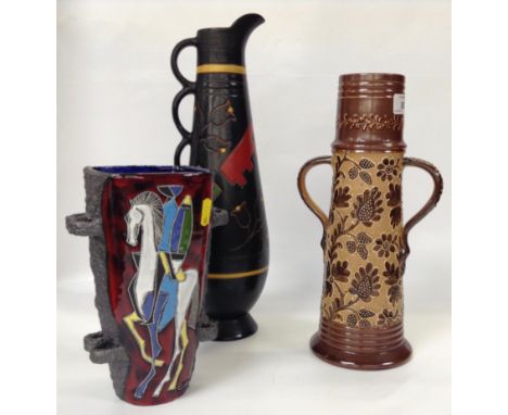 A DOULTON STONE WARE TWO HANDLED VASE, BEARING MARK "HH" LEAF AND FOLIATE PATTERN ALONG WITH BRENTLEIGH ART VASE AND ONE OTHE