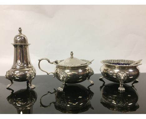 SOLID HALLMARKED SILVER THREE PIECE CONDIMENT SET COMPRISING PEPPER POT, BLUE GLASS LINED SALT AND GLASS LINED MUSTARD BOTH W