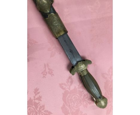 CHINESE DOUBLE SWORD BRASS MOUNTED WITH POLISHED HORN HANDLE, BRASS MOUNTED SHAGREEN SCABBARD, OVERALL LENGTH 64CM 