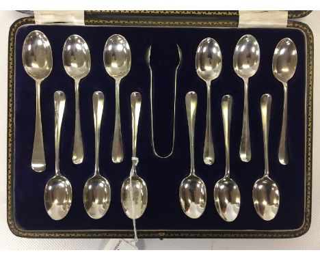 CASED 11+1  RAT-TAILED SILVER TEA SPOONS WITH SUGAR TONGS, HALLMARKED SHEFFIELD 1924 MAKERS MARK C.W.F. CHARLES WILLIAM FLETC