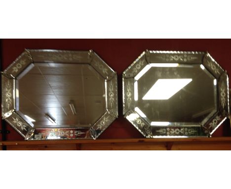 A PAIR OF LATE VICTORIAN OCTAGONAL MIRRORS WITH APPLIED MIRRORED FRAME WITH DECORATIVE ETCHING 