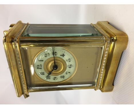 VINTAGE BRASS CARRIAGE CLOCK AND KEY 