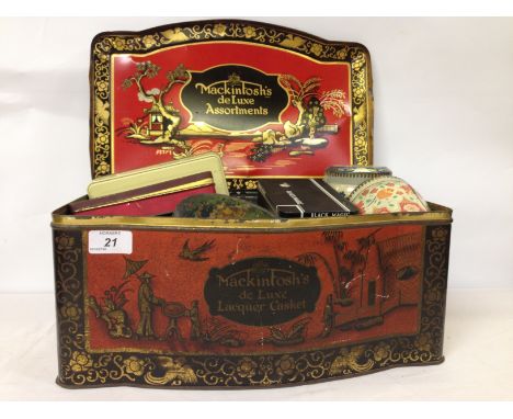 A COLLECTION OF APPROX 22 ASSORTED VINTAGE PACKING AND TINS ETC. TO INCLUDE HUNTLEY AND PALMERS, CIGARETTE TINS, MACKINTOSH'S