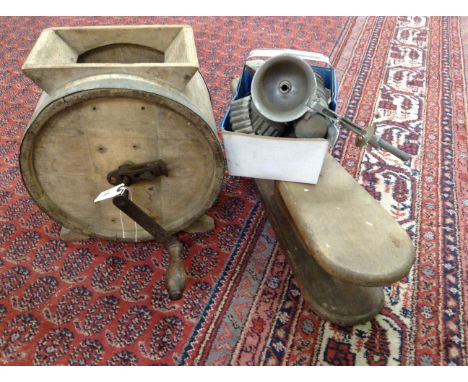 BUTTER CHURN AND ASSORTED VINTAGE KITCHEN WARE AND IRONING BOARD
