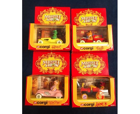 Corgi Toys Muppet Show Vehicles, 2030 Kermit, 2031 Fozzie, 2032 Miss Piggy, 2033 Animal, in original boxes (near mint, boxes 