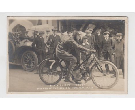 Postcard, Isle of Man, scarce RP showing TT winner 1912, Mr F A Applebee on his 'Scott' motorcycle with related message on ba