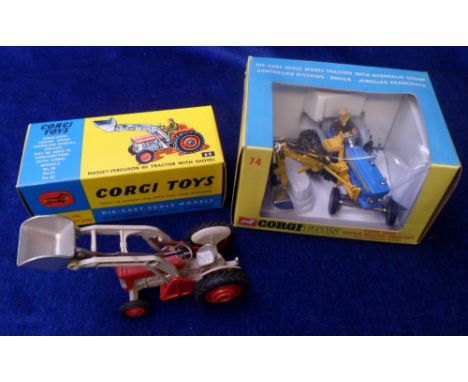 Corgi Toys Tractors, 69 Massey-Ferguson 165 Tractor With Shovel, 74 Ford 5000 Super Major Tractor with Hydraulic Scoop, in or