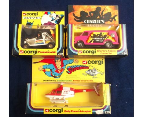 Corgi TV & Film Toys, 929 Superman Daily Planet Jetcopter, 434 Charlie's Angels Custom Van, 259 Penguinmobile from Batman, in