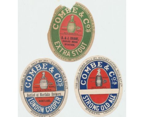Beer labels, Watney Combe Reid & Co, Extra Stout , R & J Drane, Eccles Road Station, (edge pieces missing), Strong Old Ale, &