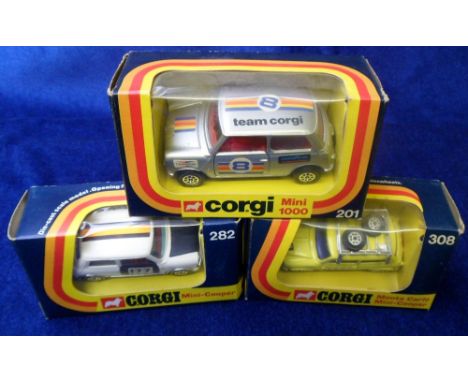 Corgi Toys Competition Minis, 308 Monte Carlo Mini Cooper, RN177, 282 Mini Cooper, RN177, 201 Mini 1000, RN8, in original box