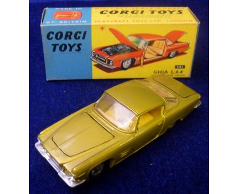 A Corgi Toys 241 Ghia L.6.4, metallic lime green, yellow interior, detailed cast hubs, in original box with club leaflet (nea